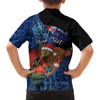 Personalised New Zealand Christmas Family Matching Off The Shoulder Long Sleeve Dress and Hawaiian Shirt Santa Kiwi Bird With Pohutukawa Flowers - Polynesian Pride