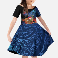 Personalised New Zealand Christmas Family Matching Off The Shoulder Long Sleeve Dress and Hawaiian Shirt Santa Kiwi Bird With Pohutukawa Flowers - Polynesian Pride