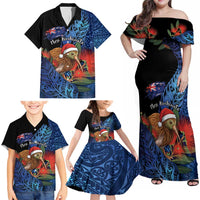 Personalised New Zealand Christmas Family Matching Off Shoulder Maxi Dress and Hawaiian Shirt Santa Kiwi Bird With Pohutukawa Flowers - Polynesian Pride