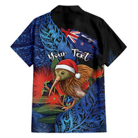 Personalised New Zealand Christmas Family Matching Off Shoulder Short Dress and Hawaiian Shirt Santa Kiwi Bird With Pohutukawa Flowers - Polynesian Pride