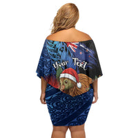 Personalised New Zealand Christmas Family Matching Off Shoulder Short Dress and Hawaiian Shirt Santa Kiwi Bird With Pohutukawa Flowers - Polynesian Pride