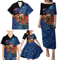 Personalised New Zealand Christmas Family Matching Puletasi and Hawaiian Shirt Santa Kiwi Bird With Pohutukawa Flowers - Polynesian Pride