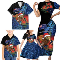 Personalised New Zealand Christmas Family Matching Short Sleeve Bodycon Dress and Hawaiian Shirt Santa Kiwi Bird With Pohutukawa Flowers - Polynesian Pride