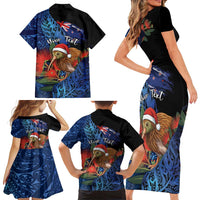 Personalised New Zealand Christmas Family Matching Short Sleeve Bodycon Dress and Hawaiian Shirt Santa Kiwi Bird With Pohutukawa Flowers - Polynesian Pride