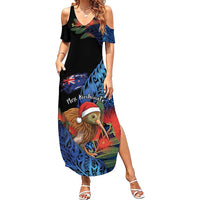 Personalised New Zealand Christmas Family Matching Summer Maxi Dress and Hawaiian Shirt Santa Kiwi Bird With Pohutukawa Flowers - Polynesian Pride