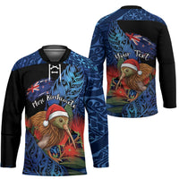 Personalised New Zealand Christmas Hockey Jersey Santa Kiwi Bird With Pohutukawa Flowers - Polynesian Pride