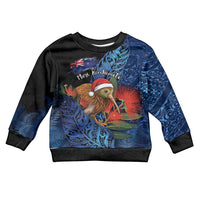 Personalised New Zealand Christmas Kid Ugly Christmas Sweater Santa Kiwi Bird With Pohutukawa Flowers - Polynesian Pride