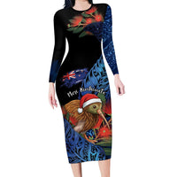 Personalised New Zealand Christmas Long Sleeve Bodycon Dress Santa Kiwi Bird With Pohutukawa Flowers - Polynesian Pride