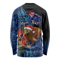 Personalised New Zealand Christmas Long Sleeve Shirt Santa Kiwi Bird With Pohutukawa Flowers - Polynesian Pride