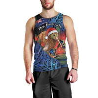 Personalised New Zealand Christmas Men Tank Top Santa Kiwi Bird With Pohutukawa Flowers - Polynesian Pride