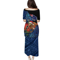 Personalised New Zealand Christmas Puletasi Santa Kiwi Bird With Pohutukawa Flowers - Polynesian Pride