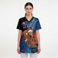 Personalised New Zealand Christmas Scrub Top Santa Kiwi Bird With Pohutukawa Flowers - Polynesian Pride