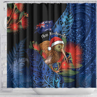 New Zealand Christmas Shower Curtain Santa Kiwi Bird With Pohutukawa Flowers - Polynesian Pride