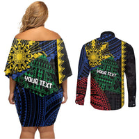 Personalised Philippines Christmas Couples Matching Off Shoulder Short Dress and Long Sleeve Button Shirt Xmas Tree Filipino Tribal Patterns - Polynesian Pride