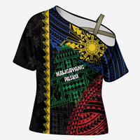 Personalised Philippines Christmas Cross Shoulder Shirt Xmas Tree Filipino Tribal Patterns DT05 Female Black - Polynesian Pride
