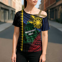 Personalised Philippines Christmas Cross Shoulder Shirt Xmas Tree Filipino Tribal Patterns DT05 - Polynesian Pride