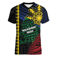 Personalised Philippines Christmas Women V-Neck T-Shirt Xmas Tree Filipino Tribal Patterns DT05 Female Black - Polynesian Pride