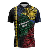 Personalised Philippines Christmas Zipper Polo Shirt Xmas Tree Filipino Tribal Patterns DT05 Black - Polynesian Pride
