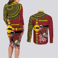Rotuma Christmas Couples Matching Long Sleeve Bodycon Dress and Long Sleeve Button Shirt Rotuma Myzomela Birds With Hibiscus Flowers - Polynesian Pride