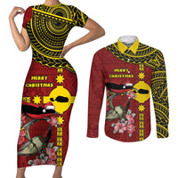 Rotuma Christmas Couples Matching Short Sleeve Bodycon Dress and Long Sleeve Button Shirt Rotuma Myzomela Birds With Hibiscus Flowers - Polynesian Pride