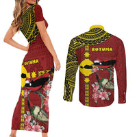 Rotuma Christmas Couples Matching Short Sleeve Bodycon Dress and Long Sleeve Button Shirt Rotuma Myzomela Birds With Hibiscus Flowers - Polynesian Pride