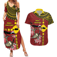 Rotuma Christmas Couples Matching Summer Maxi Dress and Hawaiian Shirt Rotuma Myzomela Birds With Hibiscus Flowers - Polynesian Pride