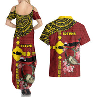 Rotuma Christmas Couples Matching Summer Maxi Dress and Hawaiian Shirt Rotuma Myzomela Birds With Hibiscus Flowers - Polynesian Pride