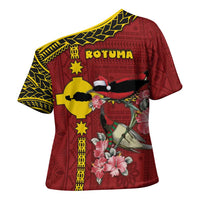 Rotuma Christmas Cross Shoulder Shirt Rotuma Myzomela Birds With Hibiscus Flowers - Polynesian Pride