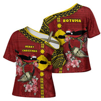 Rotuma Christmas Cross Shoulder Shirt Rotuma Myzomela Birds With Hibiscus Flowers - Polynesian Pride
