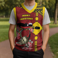 Rotuma Christmas Knitted V-Neck Vest Rotuma Myzomela Birds With Hibiscus Flowers - Polynesian Pride