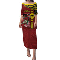 Rotuma Christmas Puletasi Rotuma Myzomela Birds With Hibiscus Flowers DT05 Long Dress Red - Polynesian Pride