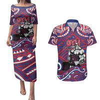 Personalised Samoa Gym Couples Matching Puletasi and Hawaiian Shirt Muscle Samoan Tribal Waves DT05 Navy - Polynesian Pride