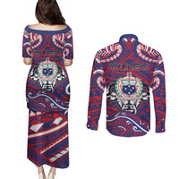 Personalised Samoa Gym Couples Matching Puletasi and Long Sleeve Button Shirt Muscle Samoan Tribal Waves DT05 - Polynesian Pride