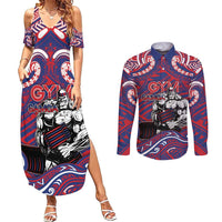 Personalised Samoa Gym Couples Matching Summer Maxi Dress and Long Sleeve Button Shirt Muscle Samoan Tribal Waves DT05 Navy - Polynesian Pride