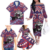 Personalised Samoa Gym Family Matching Off The Shoulder Long Sleeve Dress and Hawaiian Shirt Muscle Samoan Tribal Waves - Polynesian Pride