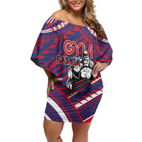Personalised Samoa Gym Family Matching Off Shoulder Short Dress and Hawaiian Shirt Muscle Samoan Tribal Waves - Polynesian Pride