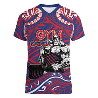 Personalised Samoa Gym Women V-Neck T-Shirt Muscle Samoan Tribal Waves DT05 Female Navy - Polynesian Pride
