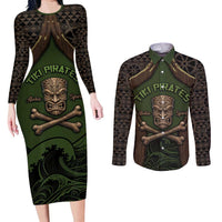 Personalised Hawaii Tiki Pirates Couples Matching Long Sleeve Bodycon Dress and Long Sleeve Button Shirt Kakau Pattern Polynesian Style DT05 Green - Polynesian Pride