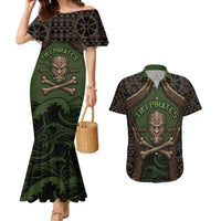 Personalised Hawaii Tiki Pirates Couples Matching Mermaid Dress and Hawaiian Shirt Kakau Pattern Polynesian Style DT05 Green - Polynesian Pride