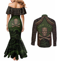 Personalised Hawaii Tiki Pirates Couples Matching Mermaid Dress and Long Sleeve Button Shirt Kakau Pattern Polynesian Style DT05 - Polynesian Pride
