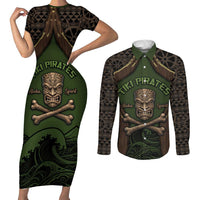 Personalised Hawaii Tiki Pirates Couples Matching Short Sleeve Bodycon Dress and Long Sleeve Button Shirt Kakau Pattern Polynesian Style DT05 Green - Polynesian Pride