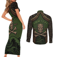 Personalised Hawaii Tiki Pirates Couples Matching Short Sleeve Bodycon Dress and Long Sleeve Button Shirt Kakau Pattern Polynesian Style DT05 - Polynesian Pride