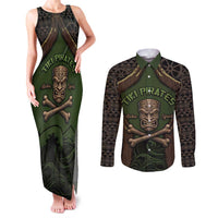 Personalised Hawaii Tiki Pirates Couples Matching Tank Maxi Dress and Long Sleeve Button Shirt Kakau Pattern Polynesian Style DT05 Green - Polynesian Pride