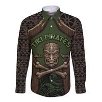 Personalised Hawaii Tiki Pirates Long Sleeve Button Shirt Kakau Pattern Polynesian Style DT05 Unisex Green - Polynesian Pride