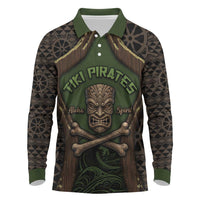 Personalised Hawaii Tiki Pirates Long Sleeve Polo Shirt Kakau Pattern Polynesian Style DT05 Green - Polynesian Pride