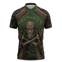 Personalised Hawaii Tiki Pirates Zipper Polo Shirt Kakau Pattern Polynesian Style DT05 Green - Polynesian Pride
