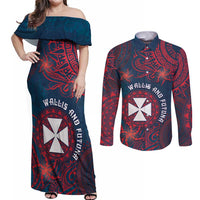 Personalised Wallis And Futuna Couples Matching Off Shoulder Maxi Dress and Long Sleeve Button Shirt Hibiscus Polynesian Tribal Pattern