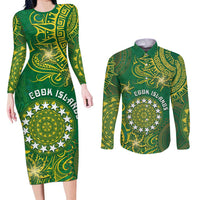 Personalised Cook Islands Couples Matching Long Sleeve Bodycon Dress and Long Sleeve Button Shirt Hibiscus Polynesian Tribal Pattern DT05 Green - Polynesian Pride
