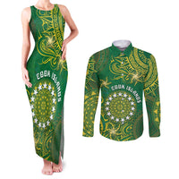 Personalised Cook Islands Couples Matching Tank Maxi Dress and Long Sleeve Button Shirt Hibiscus Polynesian Tribal Pattern DT05 Green - Polynesian Pride