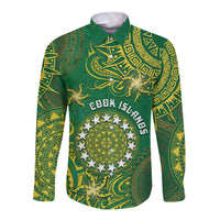 Personalised Cook Islands Long Sleeve Button Shirt Hibiscus Polynesian Tribal Pattern DT05 Unisex Green - Polynesian Pride